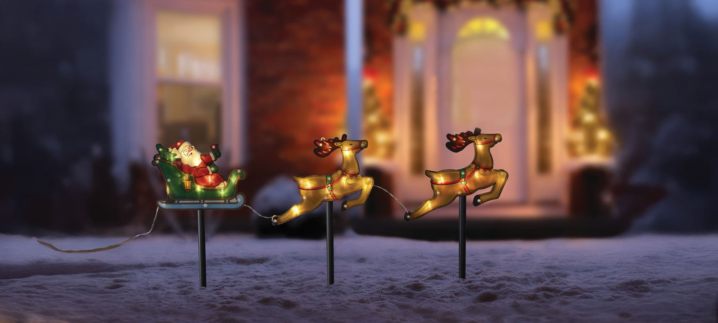 Santa Sleigh with Reindeer Light Stakes Outdoor Decoration Battery Operated