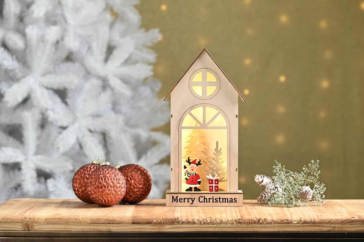 Lit Wooden House Scene with Reindeer - Battery Operated