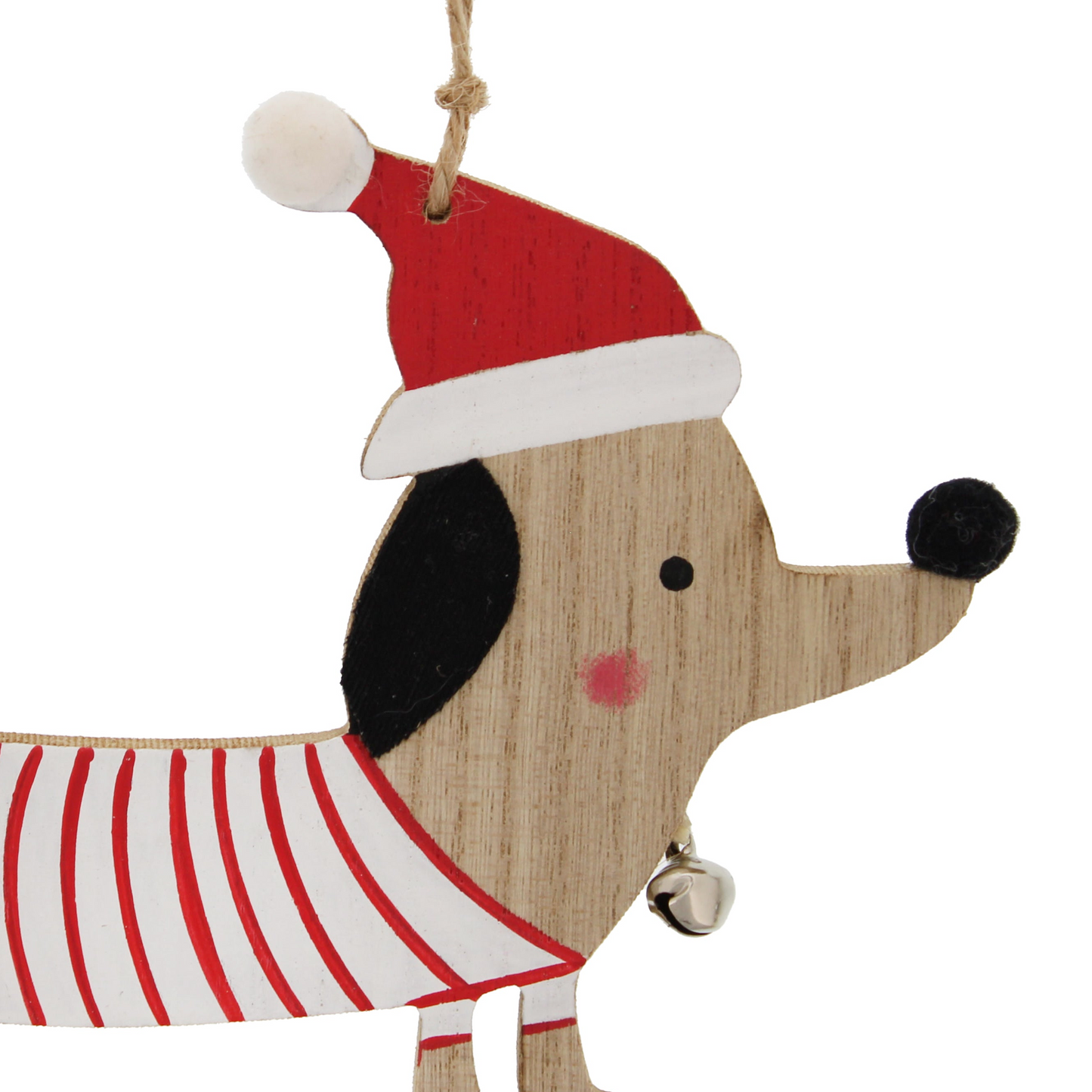 15cm Dachshund in Santa Hat with Bell Wood Christmas Hanging Decoration