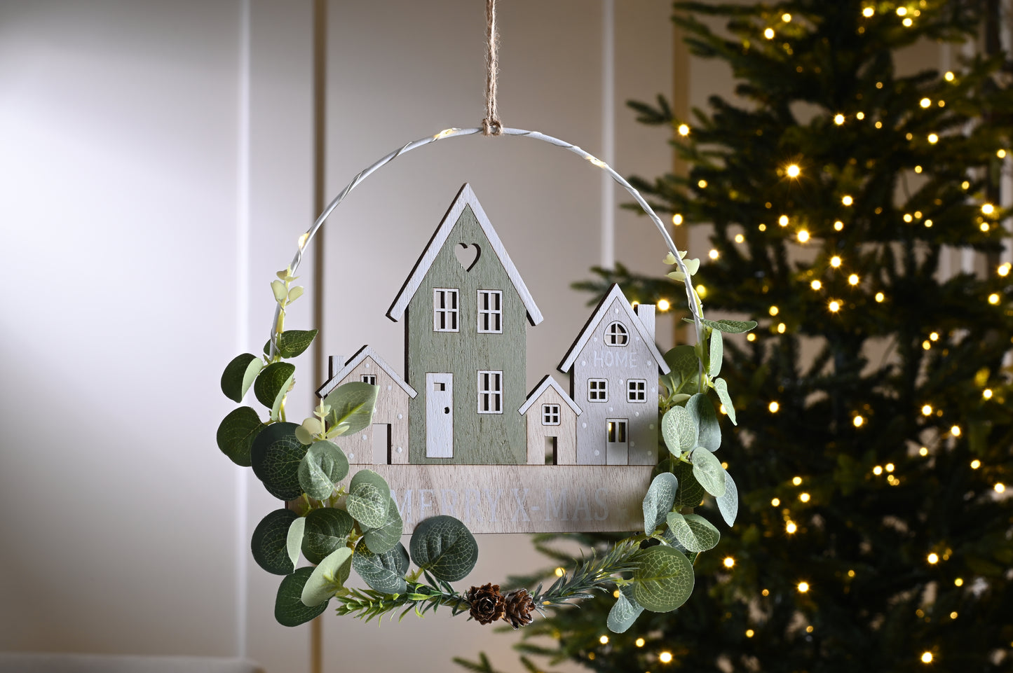 Lit Hanging Decoration - Wooden Houses Christmas Scene - Battery Operated