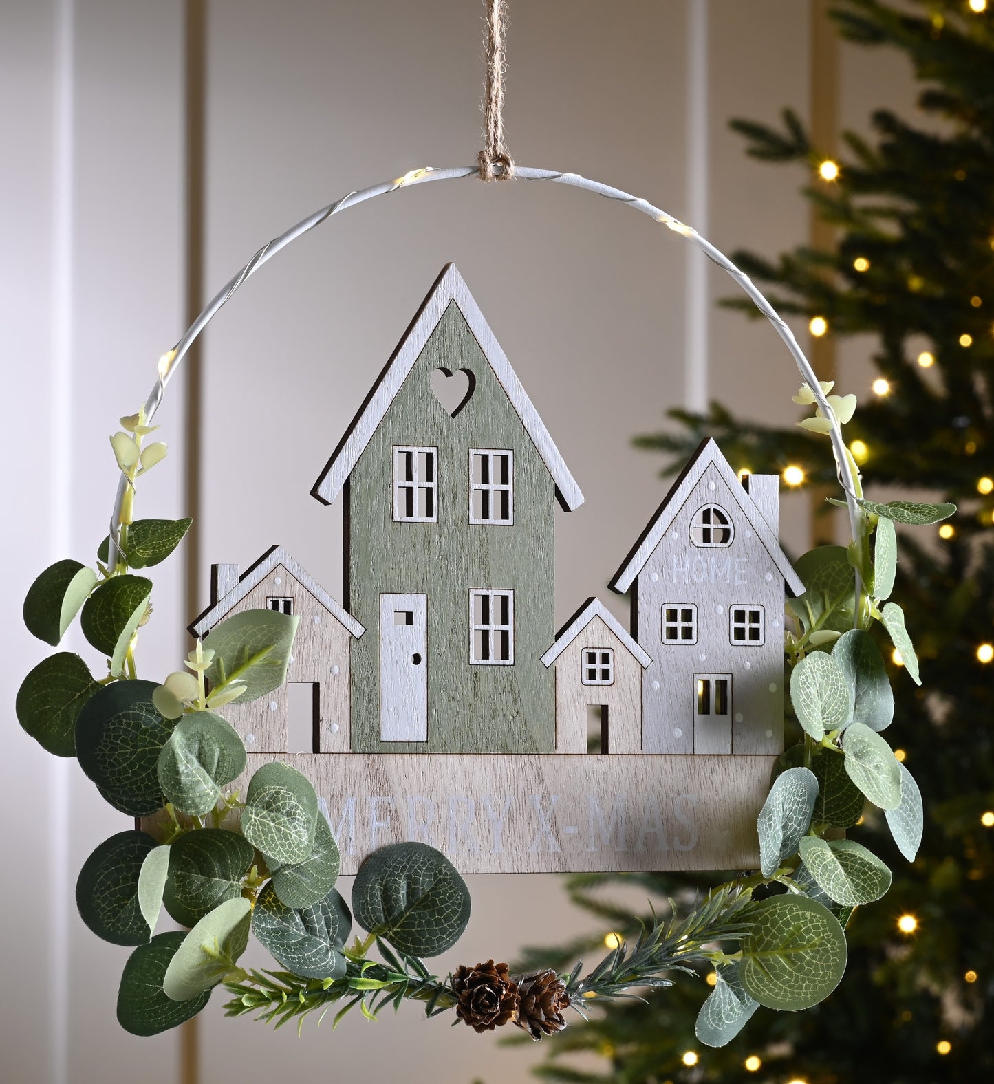 Lit Hanging Decoration - Wooden Houses Christmas Scene - Battery Operated