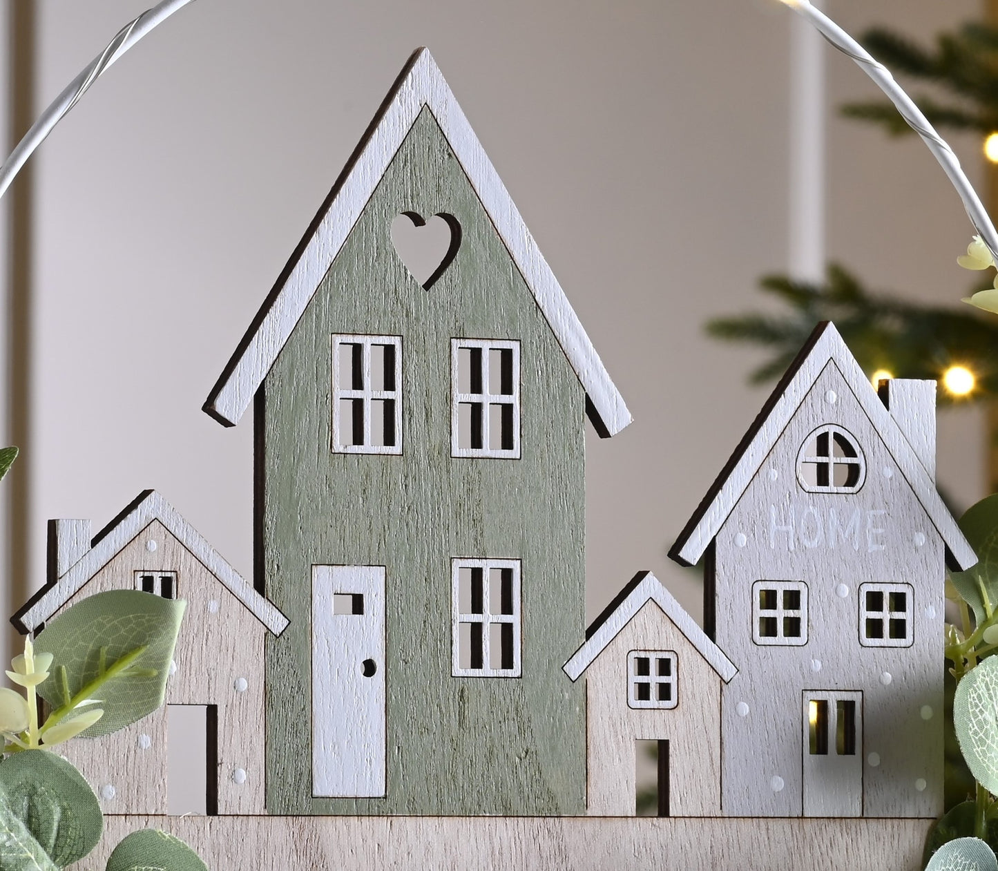 Lit Hanging Decoration - Wooden Houses Christmas Scene - Battery Operated