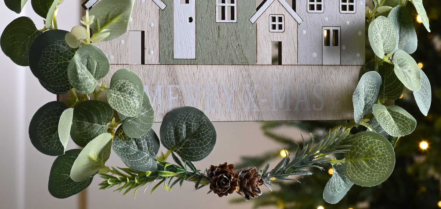 Lit Hanging Decoration - Wooden Houses Christmas Scene - Battery Operated