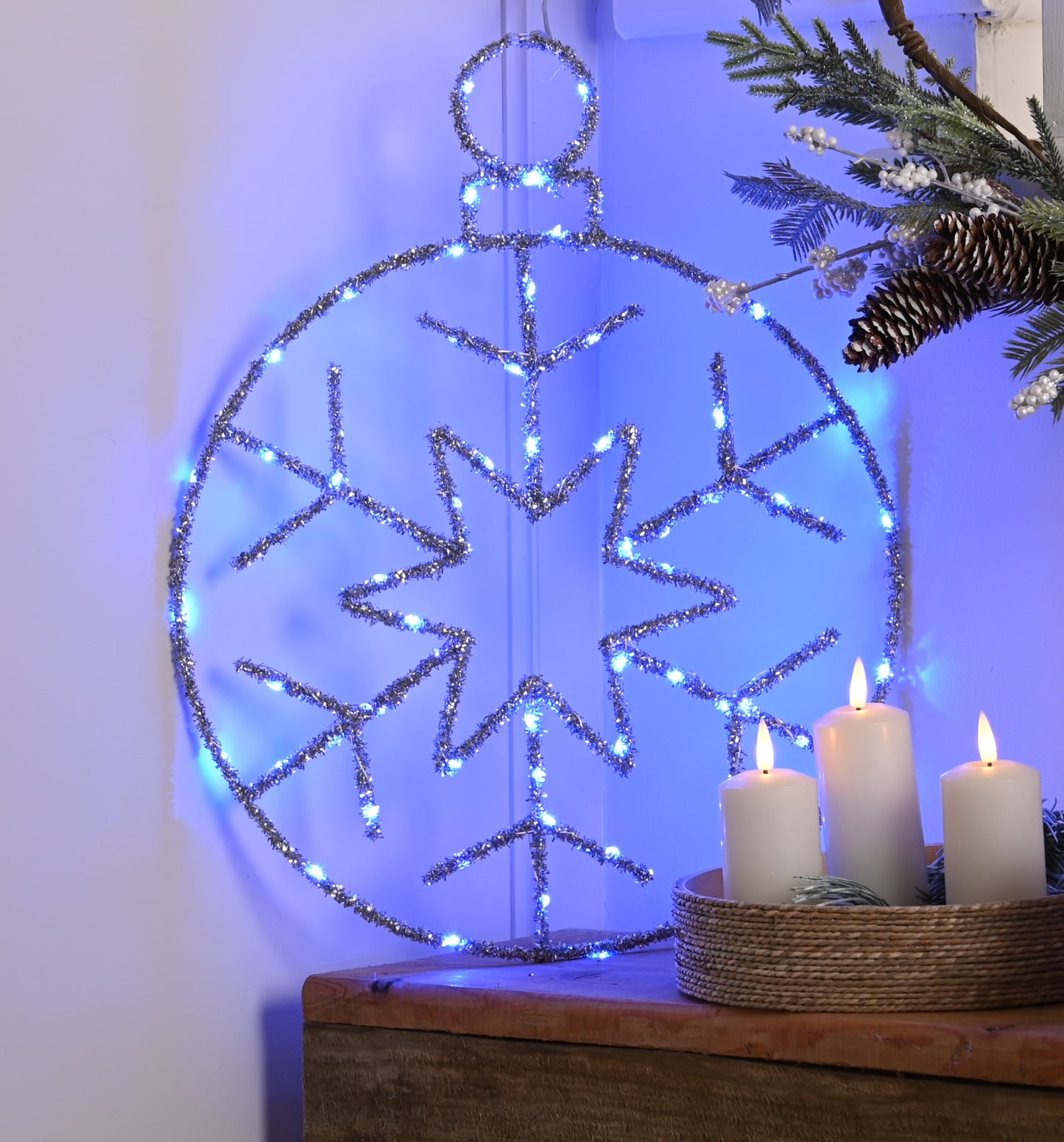 Twinkling Silver Snowflake in Bauble with Blue LEDs 49cm - Battery Operated - Timer