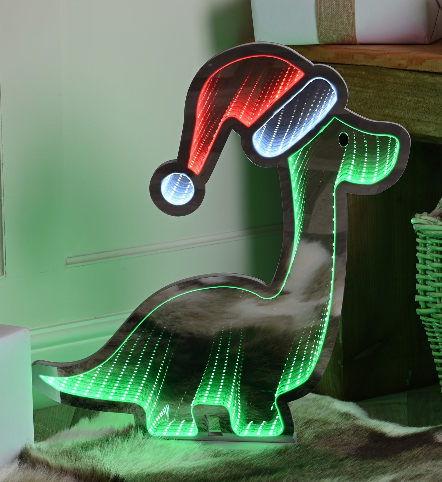 40cm Cute Dinosaur Infinity Light with Santa Hat - Timer Function - Christmas Decoration