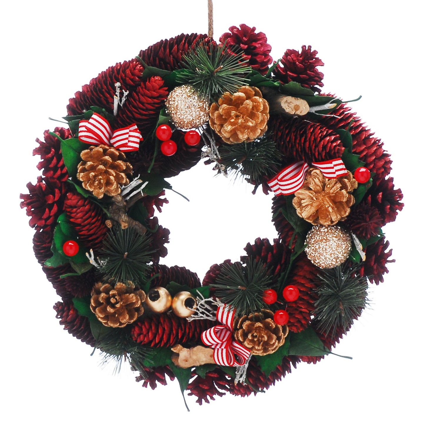 36cm Christmas Wreath Red and Gold Pinecones, Gold Baubles and Striped Ribbon