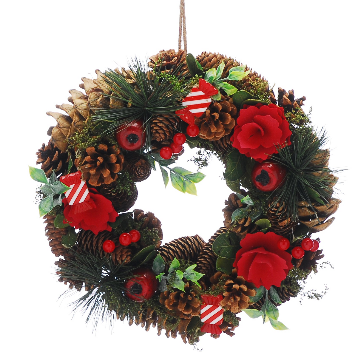 30cm Candy Cane Sweets, Red Berries and Red Flowers Christmas Wreath