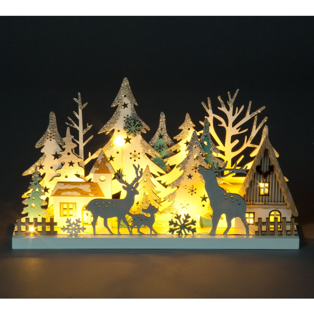 Lit Wooden Christmas Village Scene with Reindeer