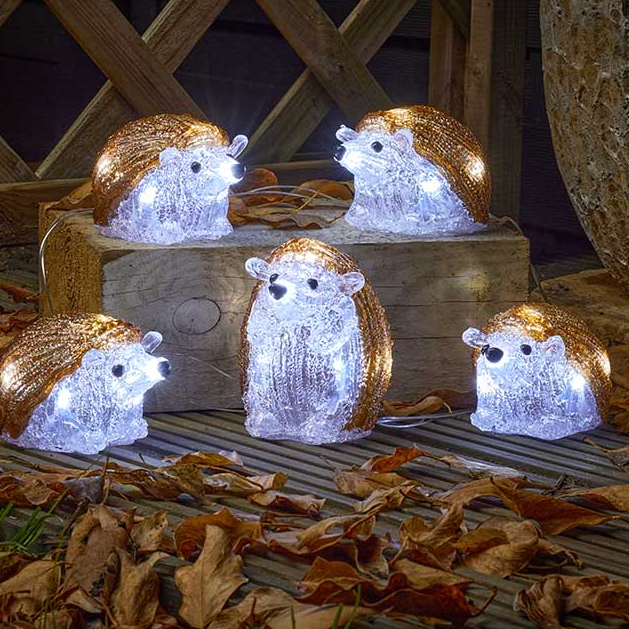 Acrylic Lit Hedgehogs Indoor Outdoor Battery Powered with Timer Set of 5