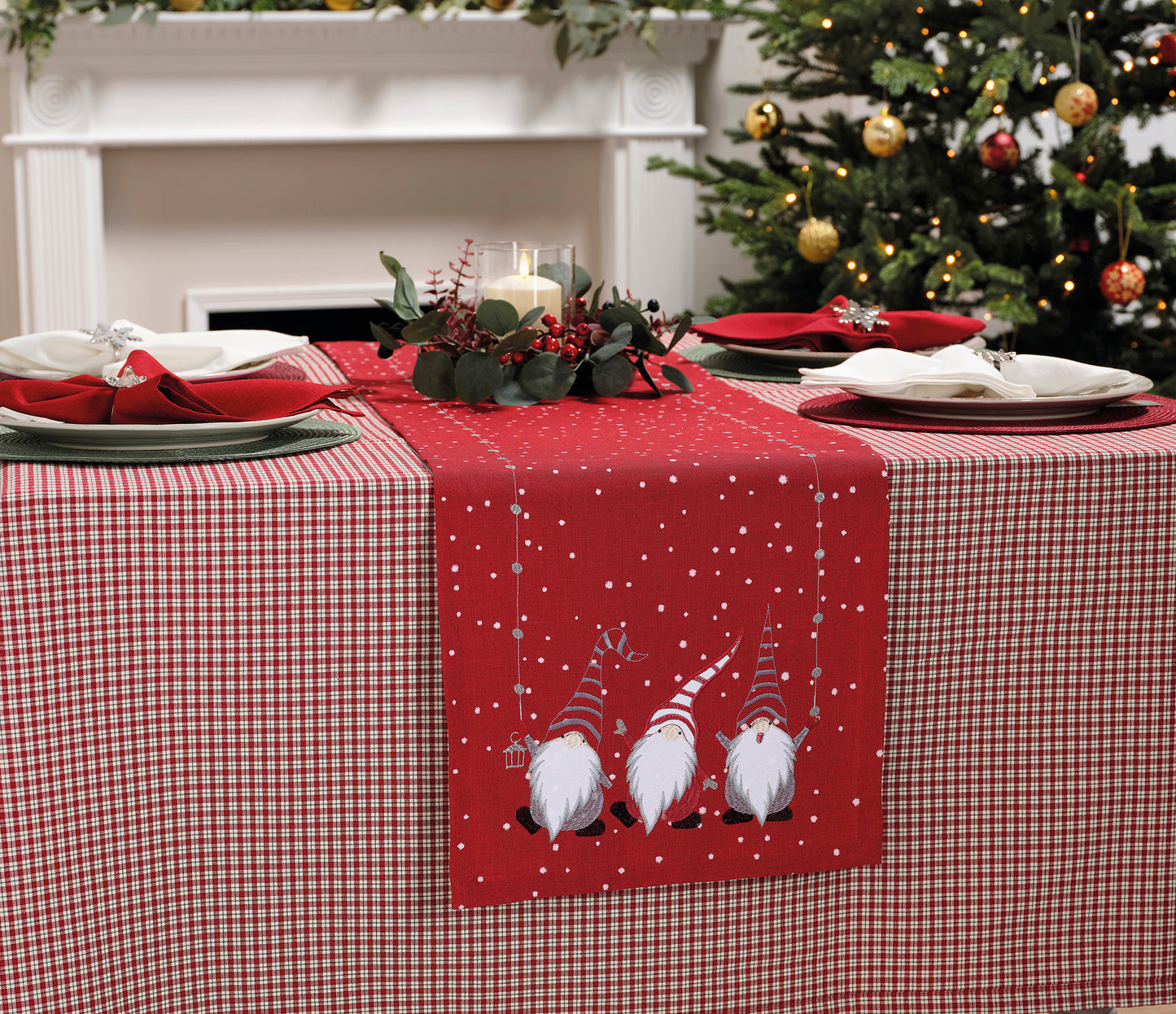 Walton and Co Gonk Embroidered Christmas Table Runner in Red