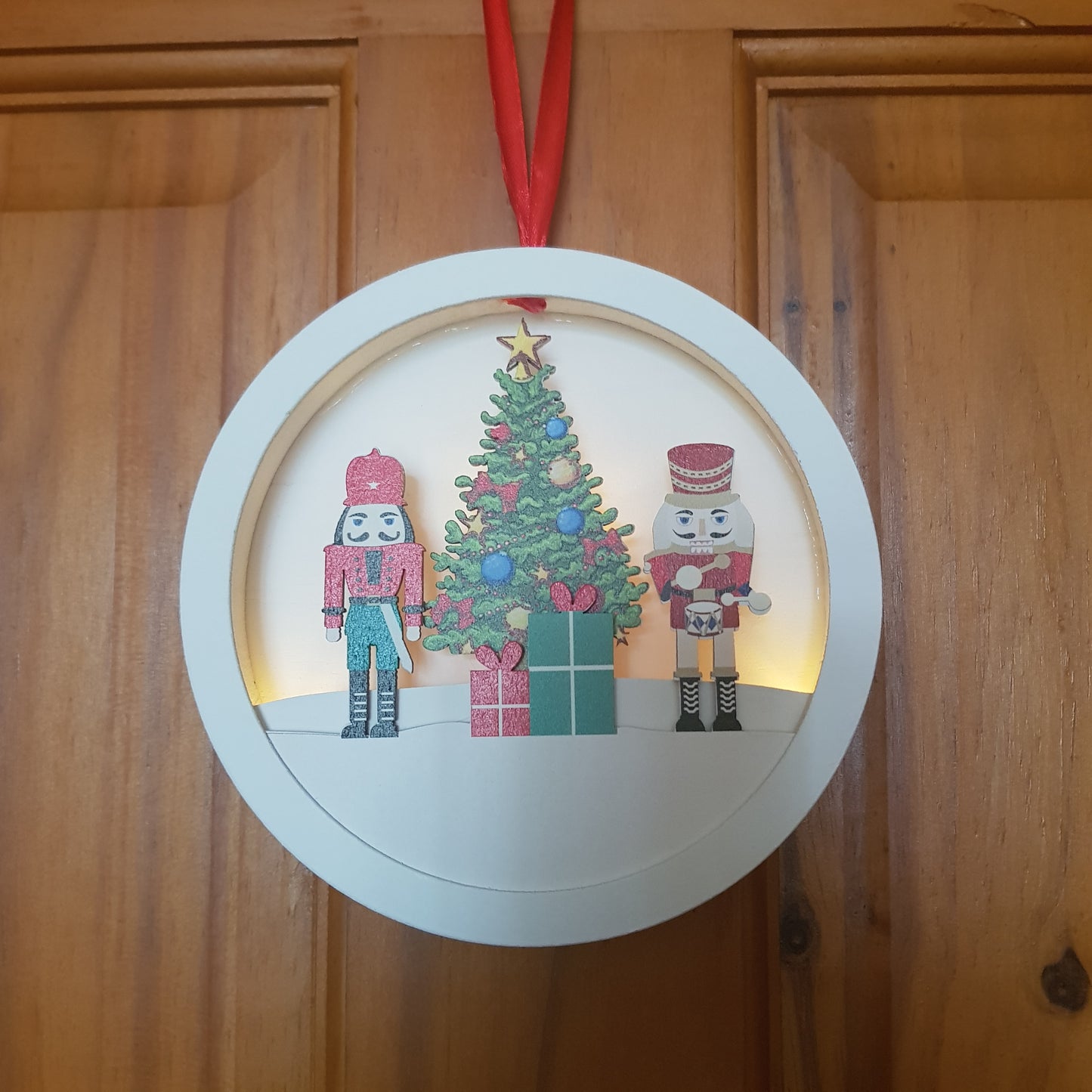 LED Nutcracker Scene Wooden Disc Hanging Decoration 14cm - Gifts