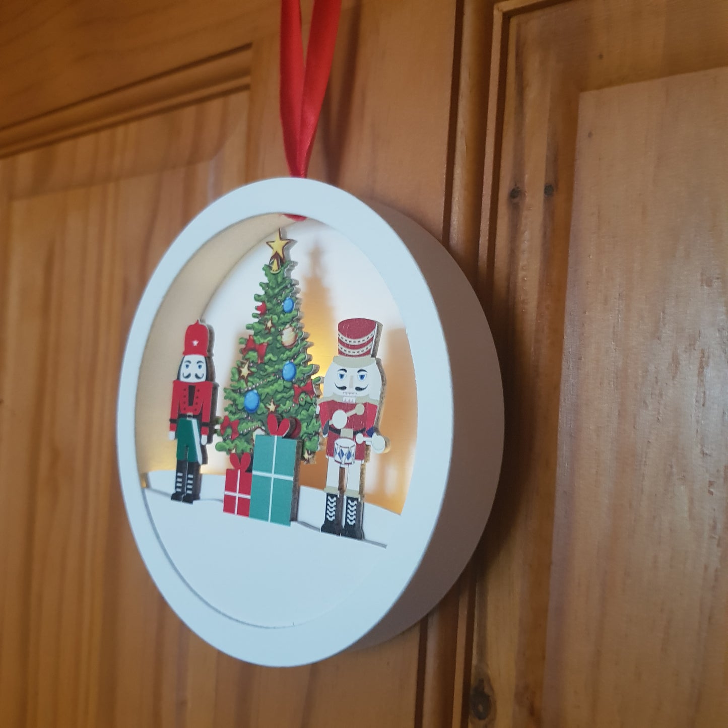 LED Nutcracker Scene Wooden Disc Hanging Decoration 14cm - Gifts
