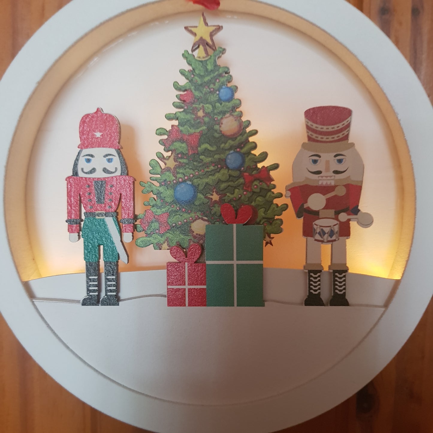 LED Nutcracker Scene Wooden Disc Hanging Decoration 14cm - Gifts