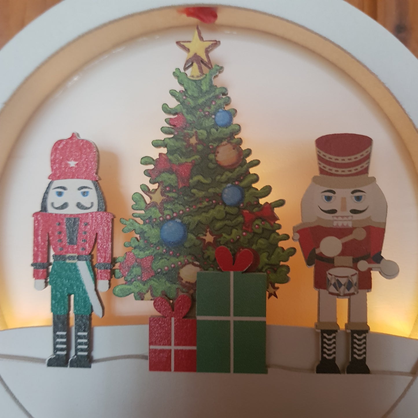 LED Nutcracker Scene Wooden Disc Hanging Decoration 14cm - Gifts