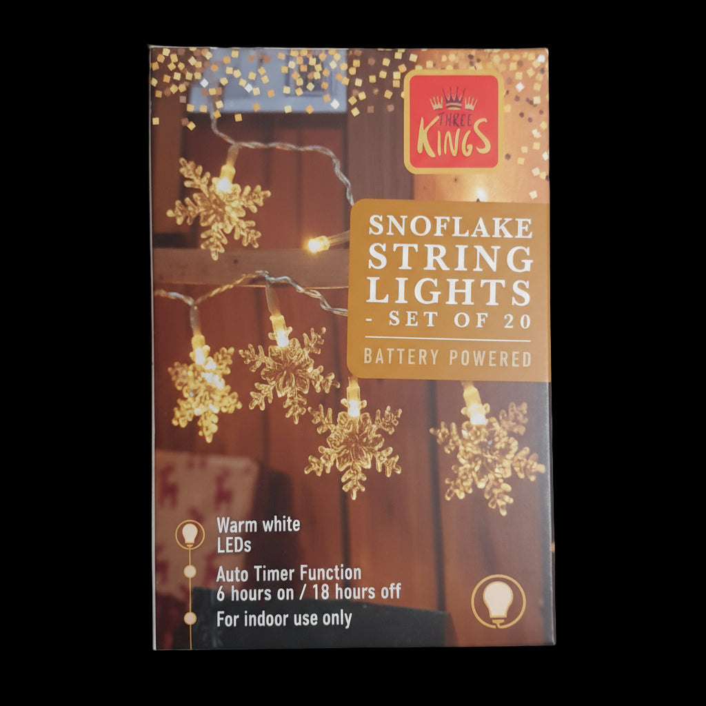 Snowflake Christmas String Lights Set of 20 Battery Powered Timer