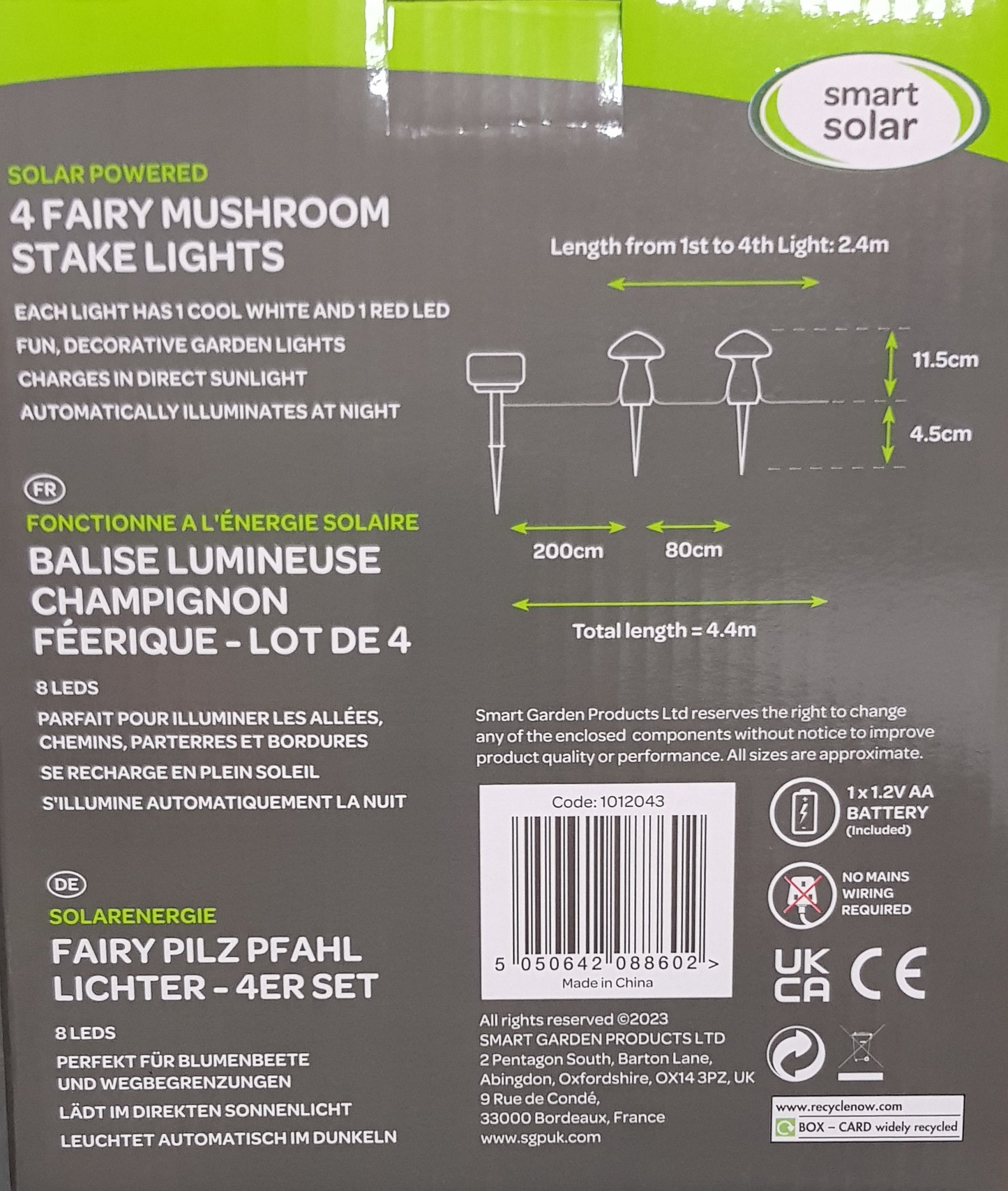 Back of a packaging for solar-powered fairy mushroom stake lights with text and diagrams.