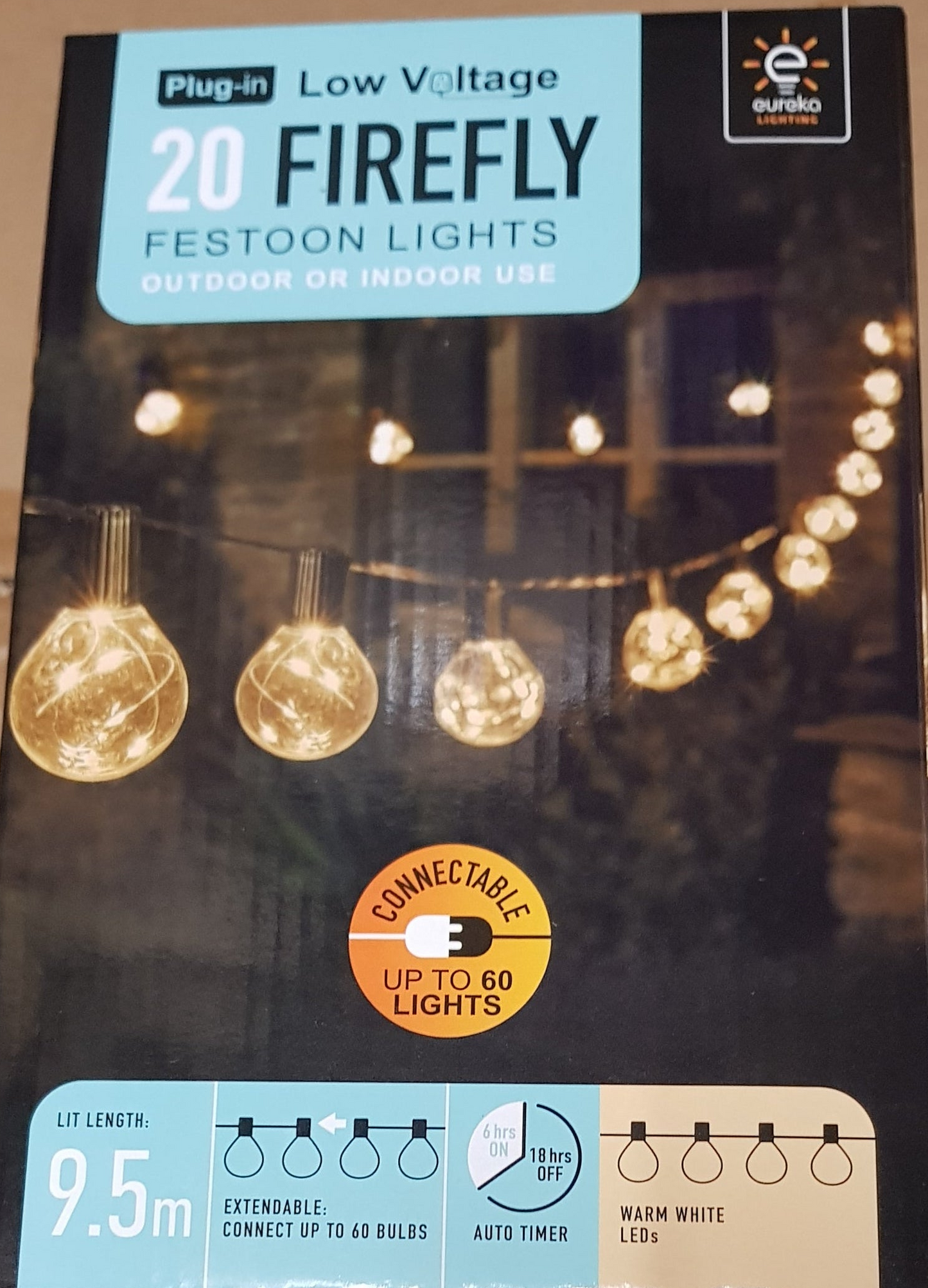 20 Firefly Festoon Lights Warm White Connectable Timer - Low Voltage - Outdoor Indoor