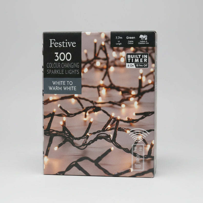 300 Colour Changing Christmas Sparkle Lights Cool White and Warm White Mix Timer Remote