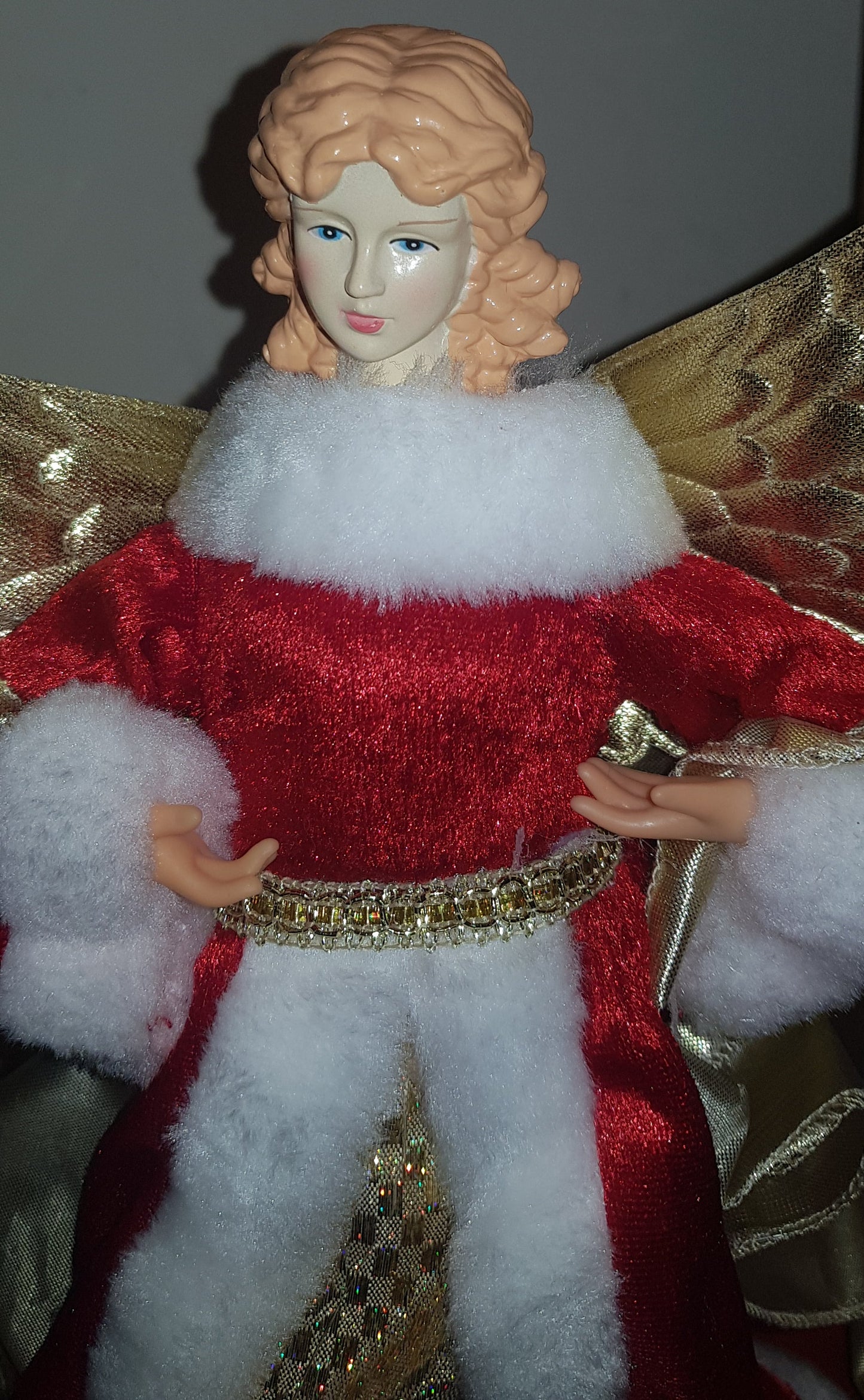 Angel Christmas Tree Topper Red with Faux Fur and Sequins