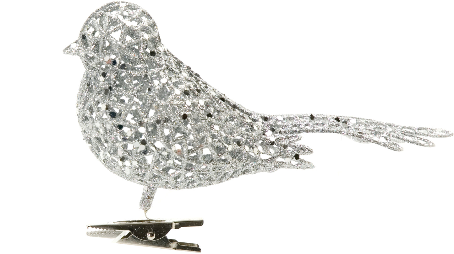 Clip On Silver Glitter Bird Christmas Decoration