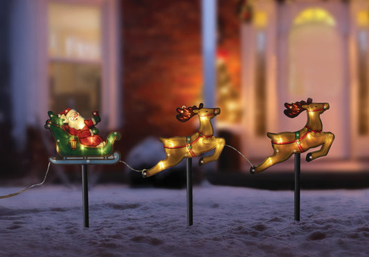 Santa Sleigh with Reindeer Light Stakes Outdoor Decoration Battery Operated