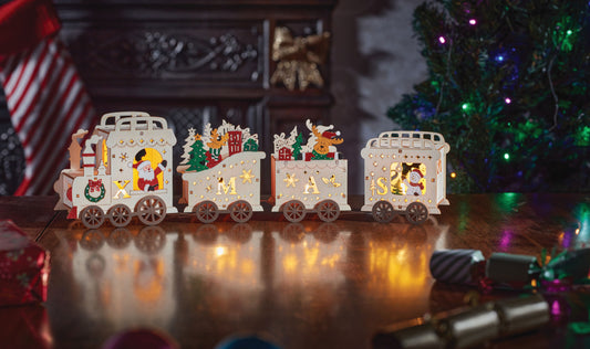 Lit Wooden Santa's Express Train - Battery Operated
