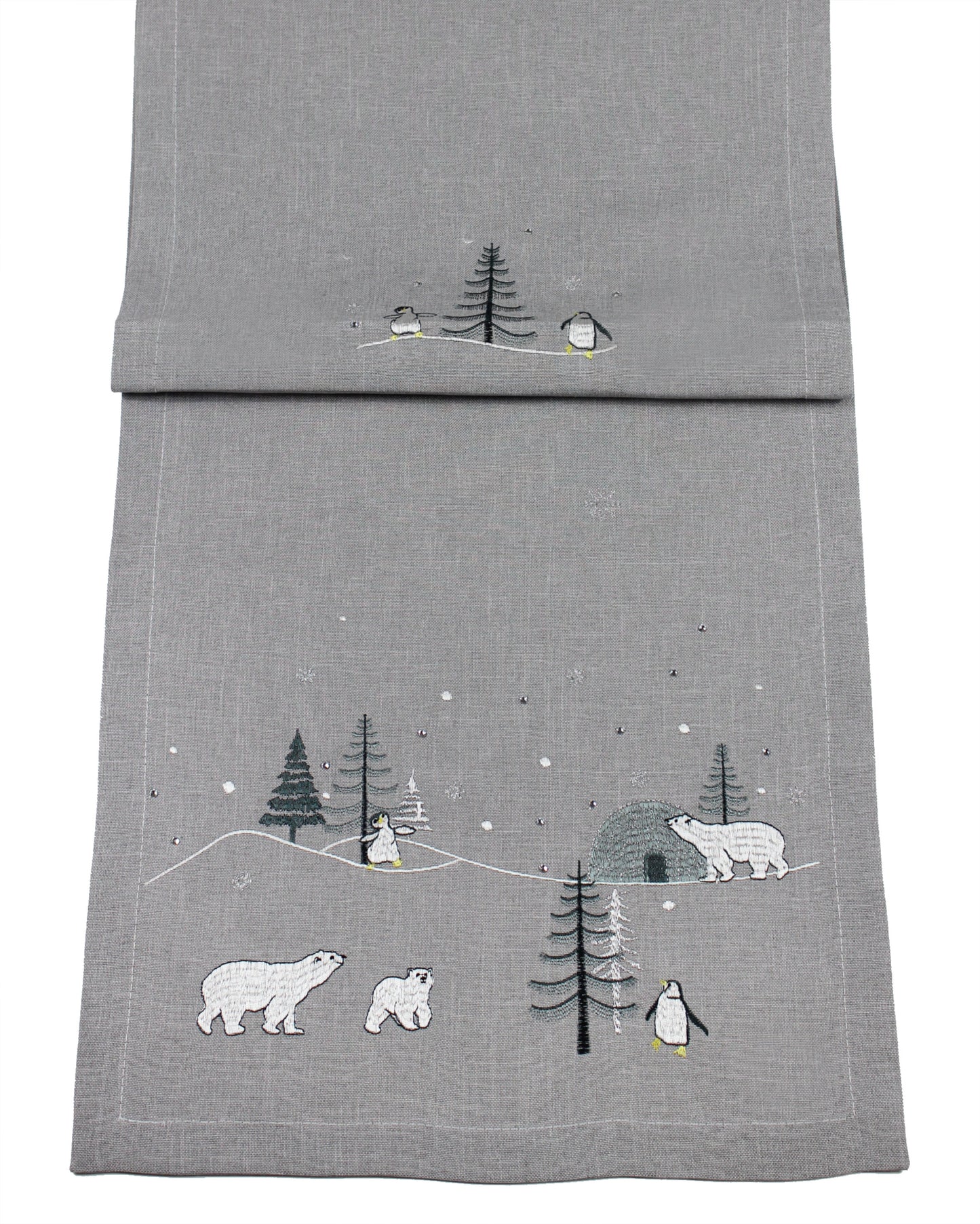 Peggy Wilkins Alaska Christmas Table Runner Grey With Penguins and Polar Bears