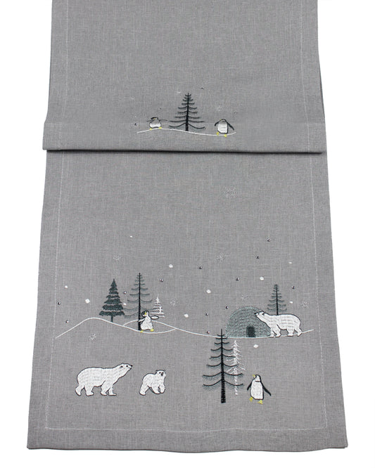 Peggy Wilkins Alaska Christmas Table Runner Grey With Penguins and Polar Bears