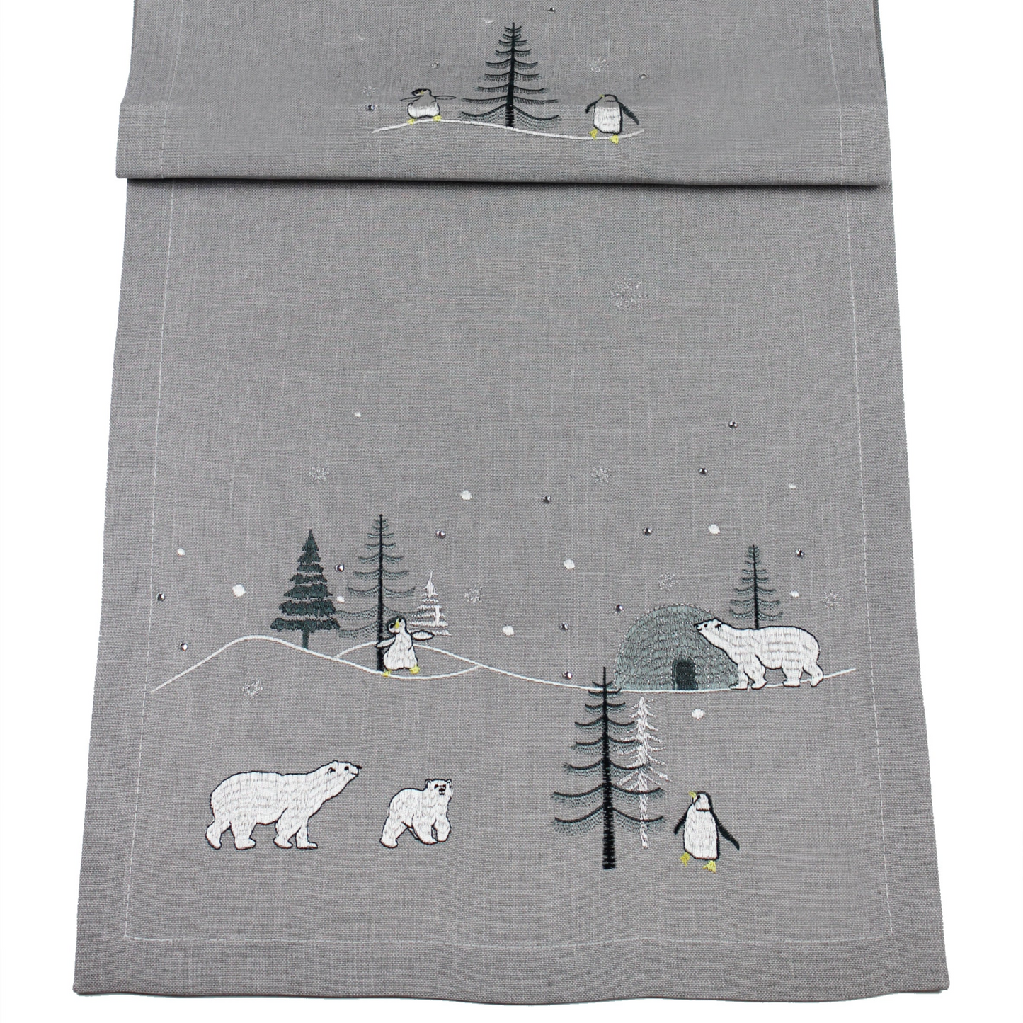 Peggy Wilkins Alaska Christmas Table Runner Grey With Penguins and Polar Bears