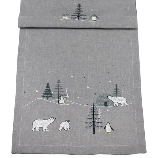 Peggy Wilkins Alaska Christmas Table Runner Grey With Penguins and Polar Bears