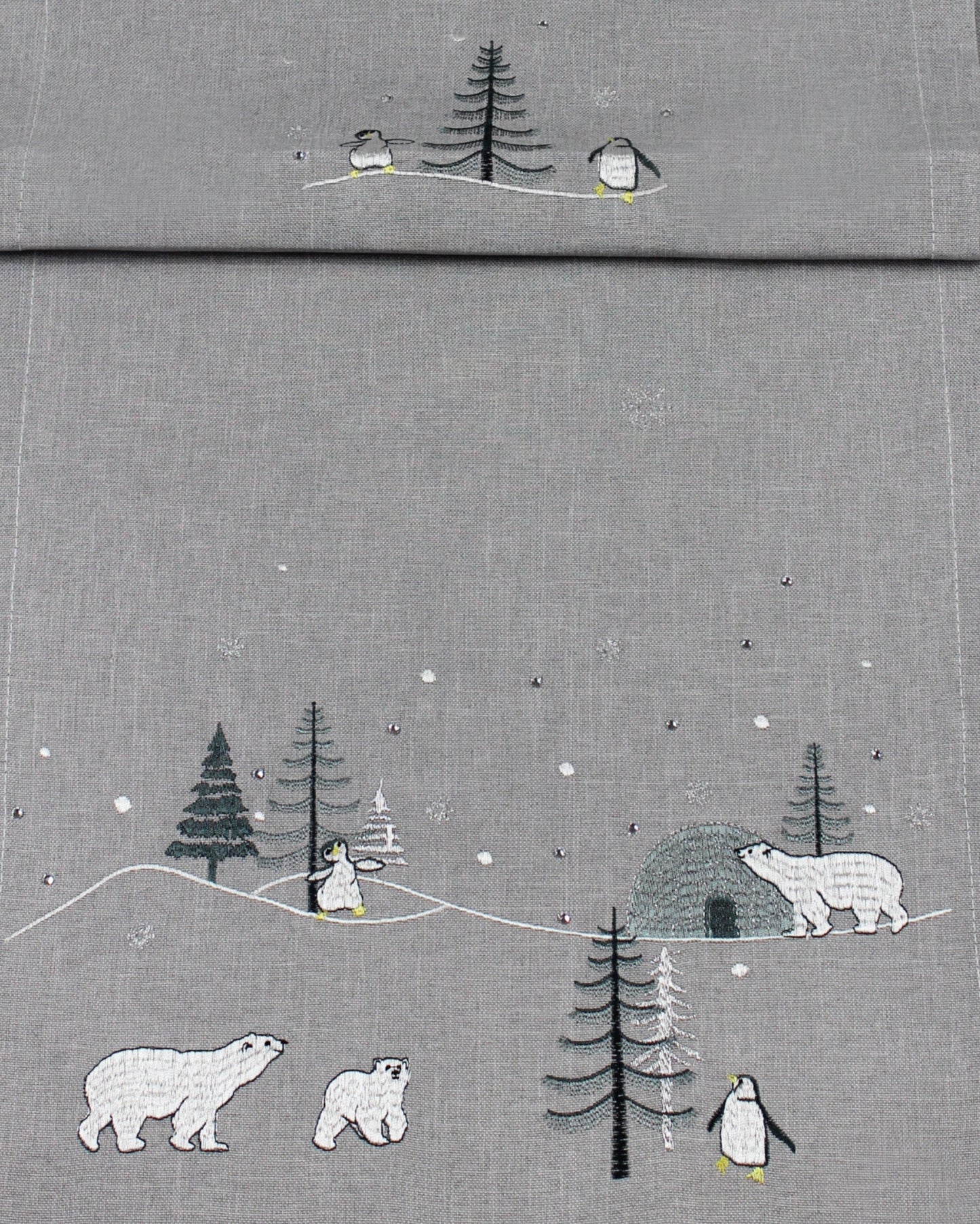 Peggy Wilkins Alaska Christmas Table Runner Grey With Penguins and Polar Bears