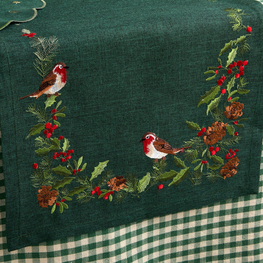 Walton and Co Robin Trail Embroidered Christmas Table Runner 38cm x 180cm