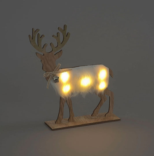 LED Wooden Reindeer with Furry Body & Bell