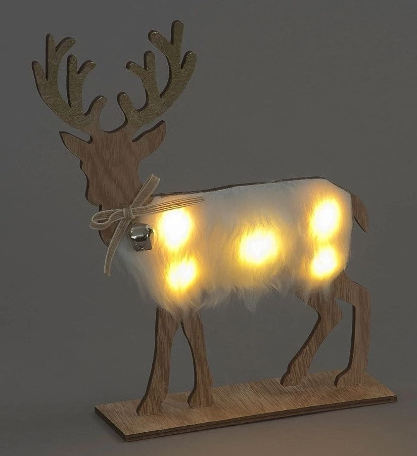LED Wooden Reindeer with Furry Body & Bell