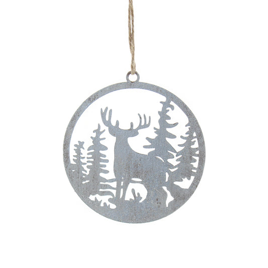 10cm Stag in Forest Silver Metal Christmas Hanging Decoration