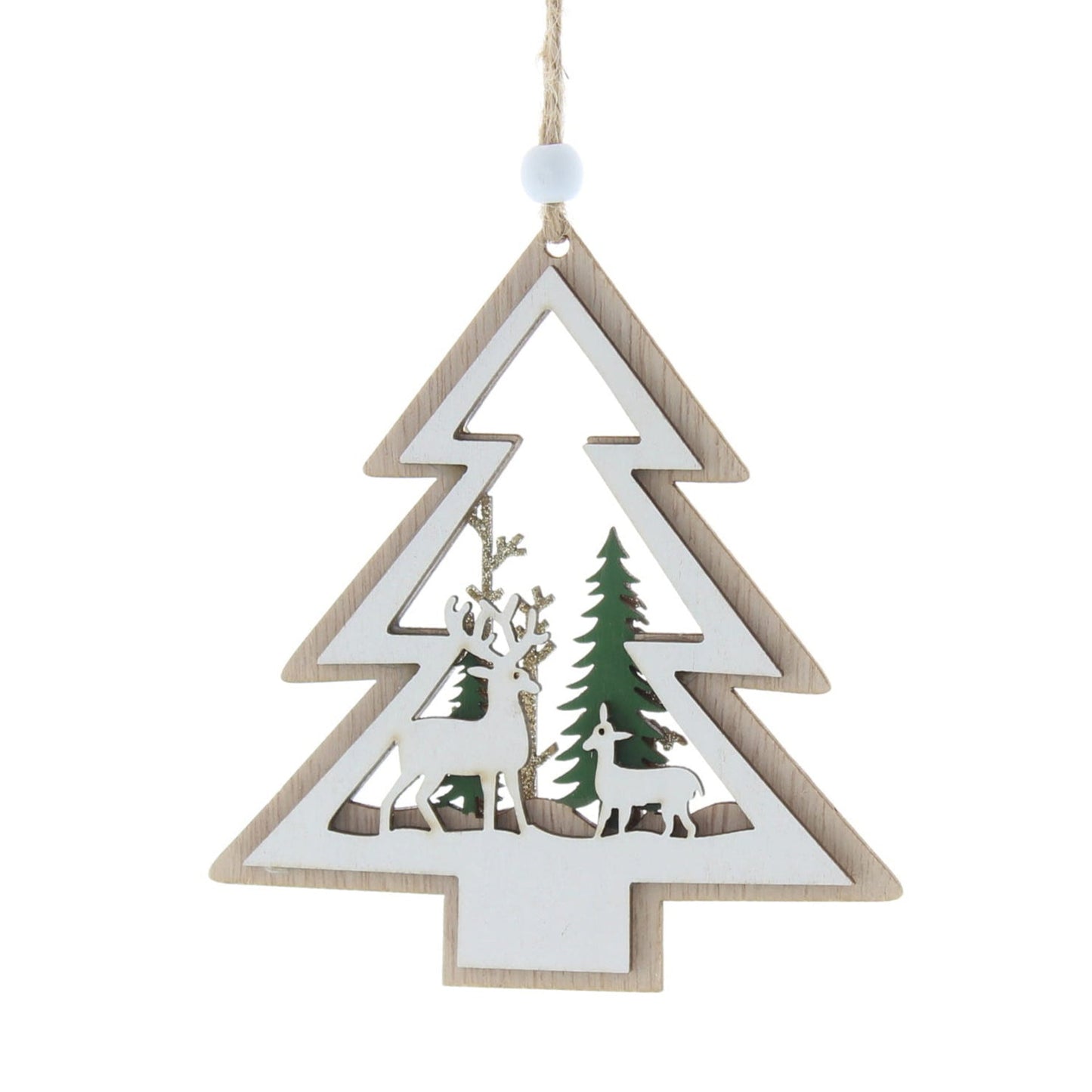 Wooden Christmas Tree with Reindeer Hanging Decoration 12cm