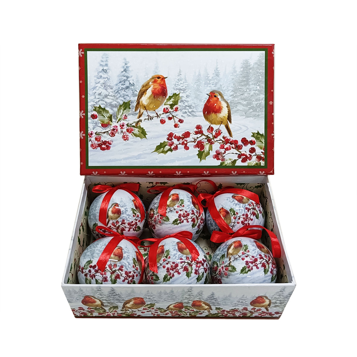 Robins and Berries Decoupage Baubles 7.5cm Box of 6 Vintage Style
