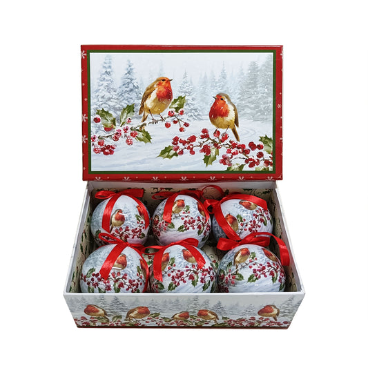 Robins and Berries Decoupage Baubles 7.5cm Box of 6 Vintage Style
