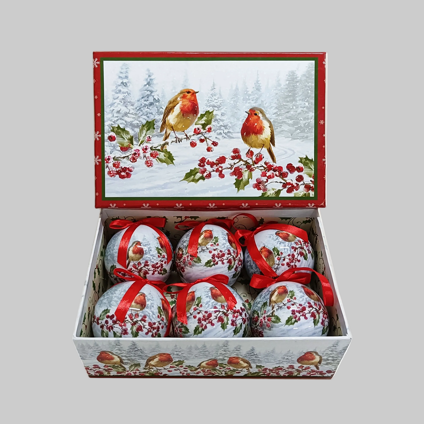 Robins and Berries Decoupage Baubles 7.5cm Box of 6 Vintage Style