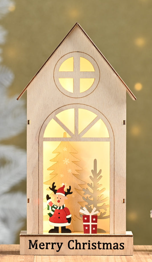 Lit Wooden House Scene with Reindeer - Battery Operated