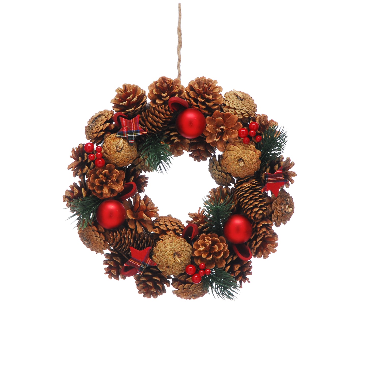 30cm Red Berries, Baubles, Natural Pinecones and Tartan Stars Artificial Christmas Wreath - Boxed