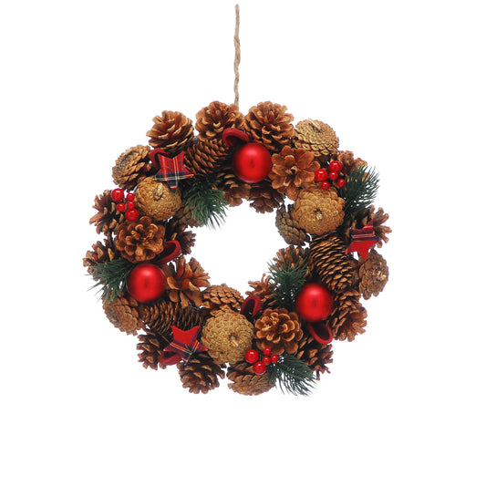 30cm Red Berries, Baubles, Natural Pinecones and Tartan Stars Artificial Christmas Wreath - Boxed