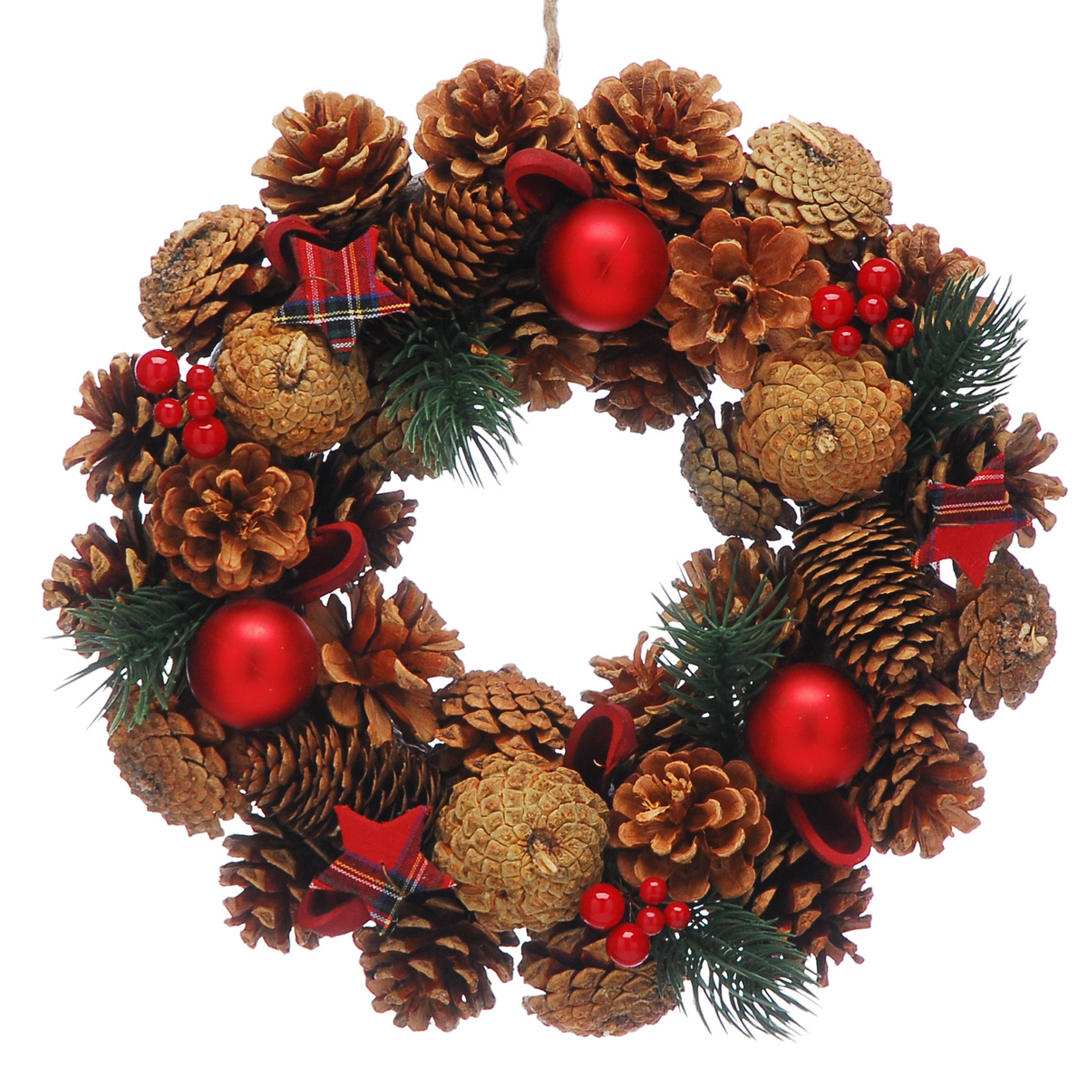 30cm Red Berries, Baubles, Natural Pinecones and Tartan Stars Artificial Christmas Wreath - Boxed