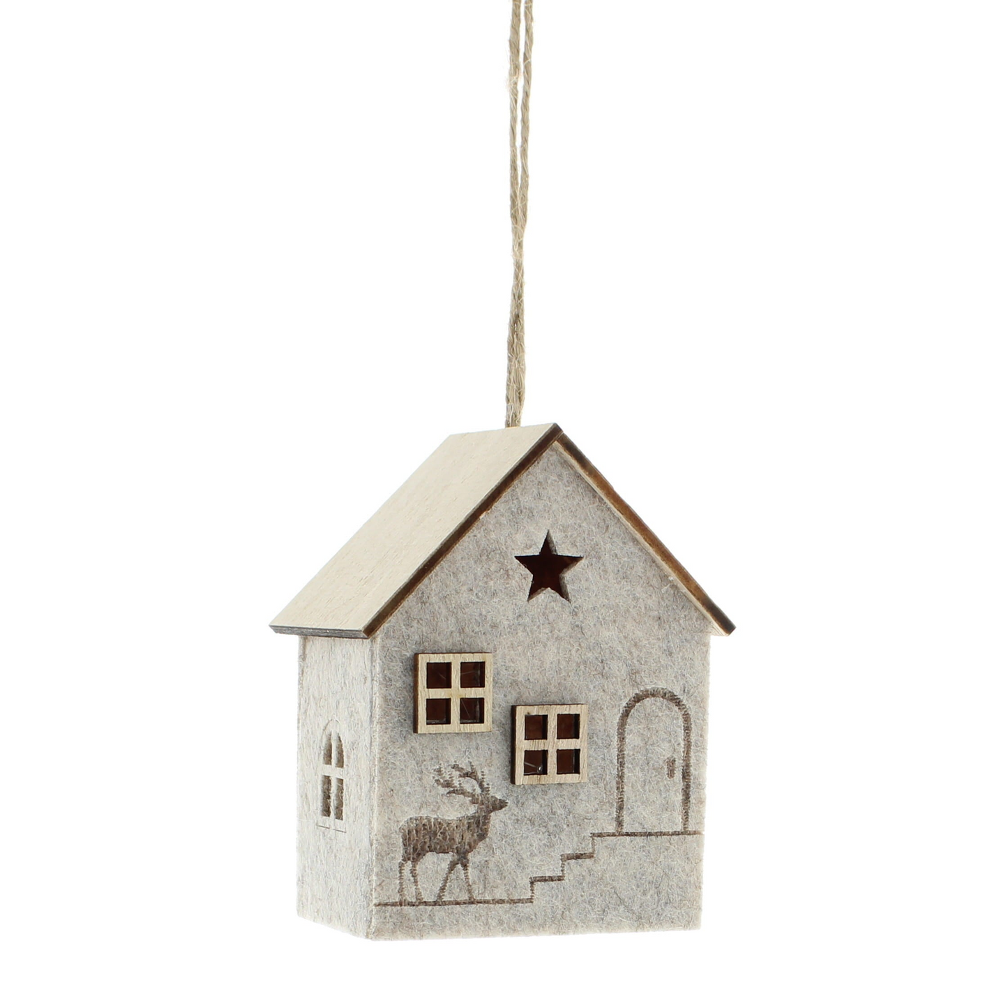 10cm Cream Fabric House 3D Christmas Hanging Decoration with Wooden Detail