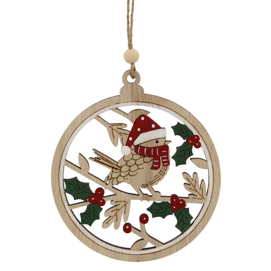 Robin & Holly Wooden Hanging Decoration 12cm