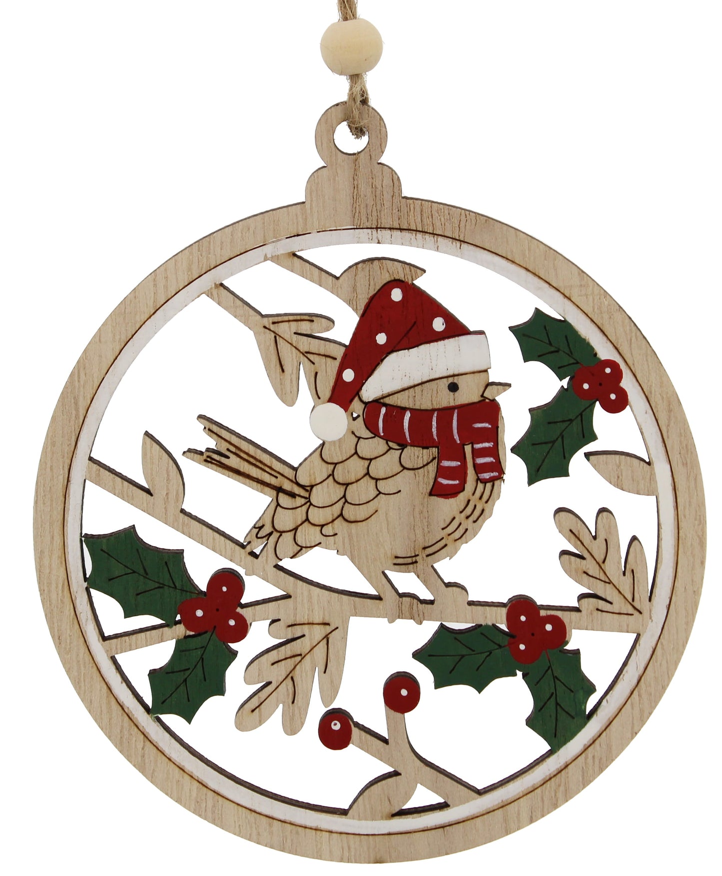 Robin & Holly Wooden Hanging Decoration 12cm