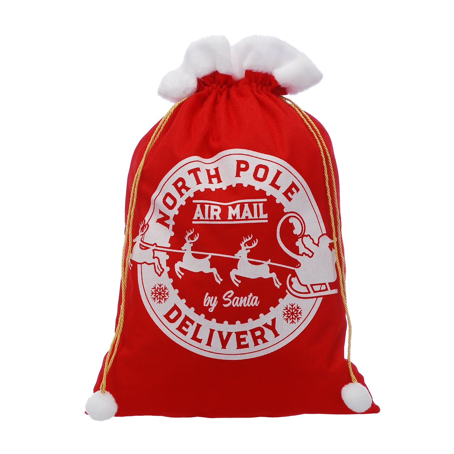 North Pole Delivery Santa Sack 60cm x 40cm Fake Fur Cuff and PomPoms