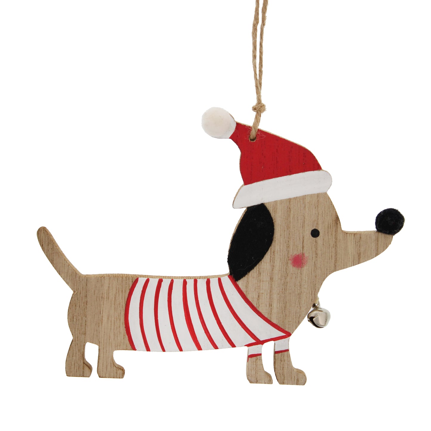 15cm Dachshund in Santa Hat with Bell Wood Christmas Hanging Decoration