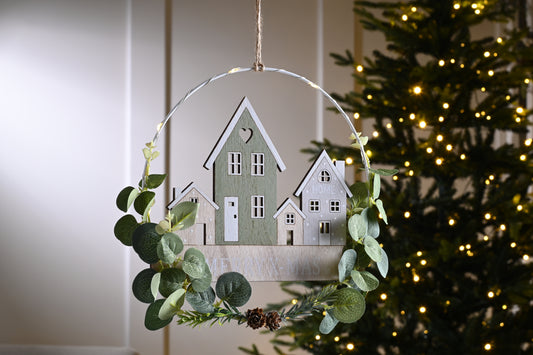 Lit Hanging Decoration - Wooden Houses Christmas Scene - Battery Operated