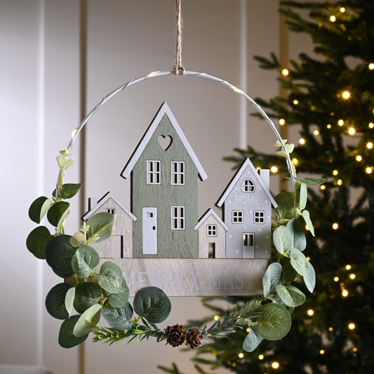 Lit Hanging Decoration - Wooden Houses Christmas Scene - Battery Operated